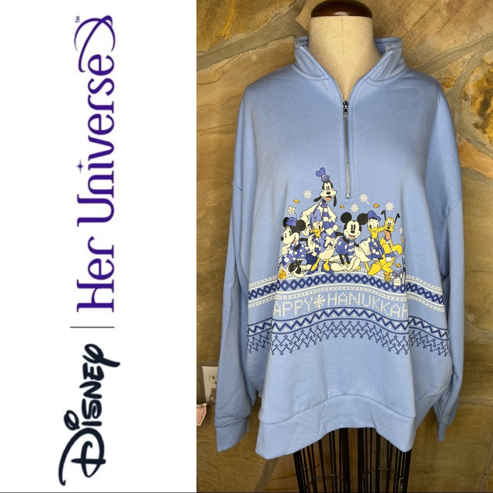 Her Universe Disney Hot Topic Blue Mickey Half Zip Hanukkah Sweatshirt
